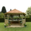 Forest Garden Furnished Cedar Roof Hexagonal Gazebo, (W)4900mm (D)4240mm (Green Cushion Included)