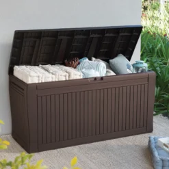 Keter Comfy Wood Effect Plastic Garden Storage Box 270L -Garden & Outdoors keter comfy wood effect plastic garden storage box 270l7290106930179 01bq